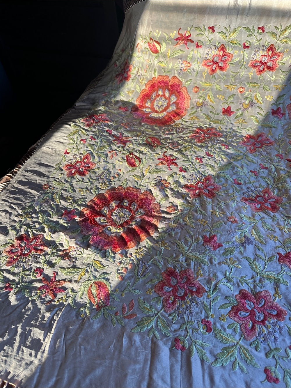 Vintage Silk Piano Shawl Hand-Embroidered Floral in Pale Pink- hot pink flowers - Picture 2 of 16